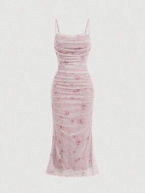Pink Floral Ruched Maxi Dress